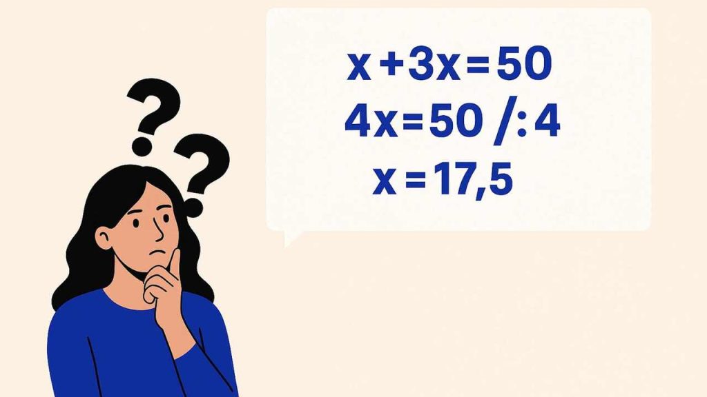 Ilustrácia ženy premýšľajúcej nad matematickou úlohou s rovnicou x + 3x = 50, ktorá vedie k riešeniu x = 12,5.