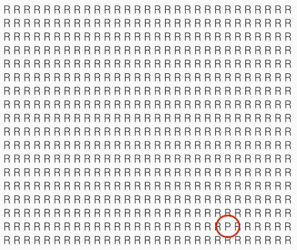 Obrázok s písmenami R, medzi ktorými je červeným krúžkom vyznačené písmeno P – riešenie testu vnímavosti