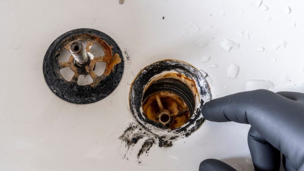 Zanesený odtok v sprche s usadeninami a hrdzou pred čistením