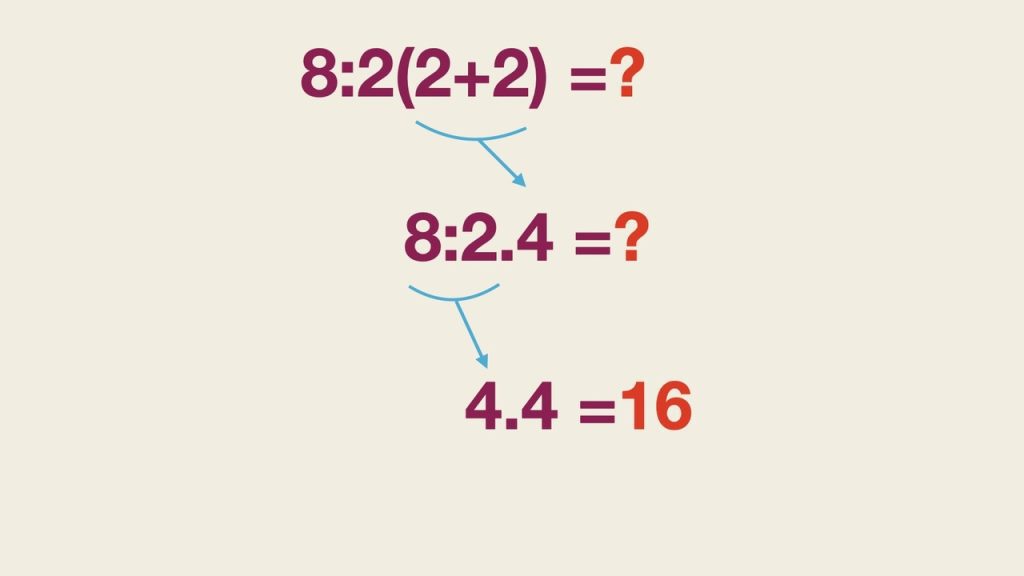 Postup riešenia rovnice 8 ÷ 2(2+2) krok po kroku s výsledkom 16 zvýrazneným červenou farbou