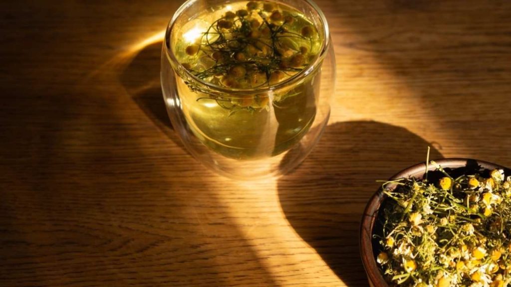 Šálka harmančekového čaju pripraveného ako prírodný výluh pre rastliny