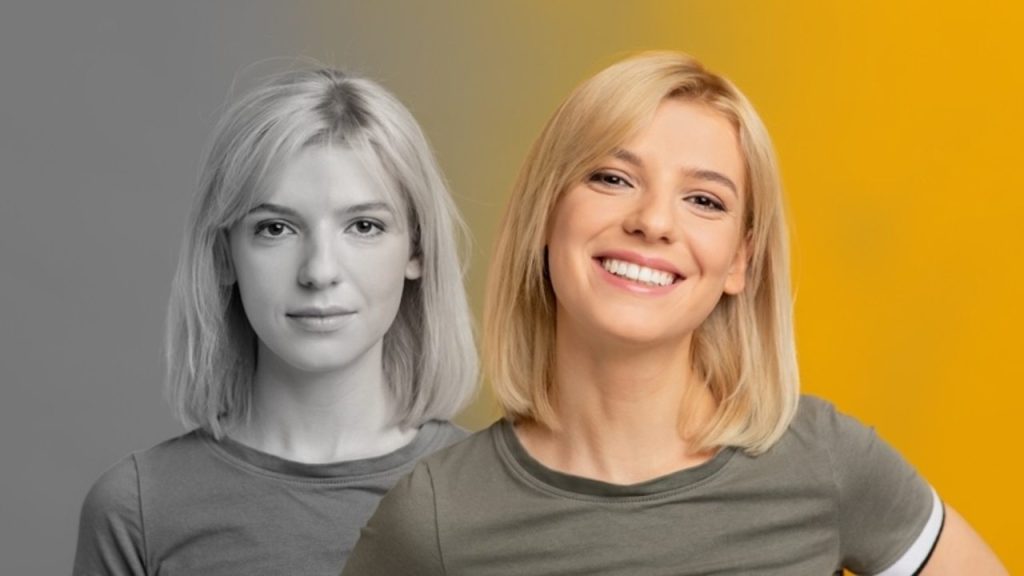 Portrét ženy s dvoma odlišnými výrazmi, symbolizujúci premenlivú a zvedavú energiu znamenia Blížencov.