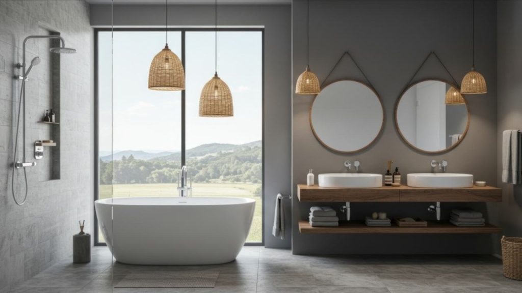 Čistá moderná kúpeľňa s vaňou a prirodzeným svetlom, ktorá pôsobí ako domáci wellness