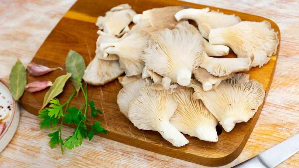 Čerstvá hliva ustricová nakrájaná na doske spolu s bylinkami a cesnakom.