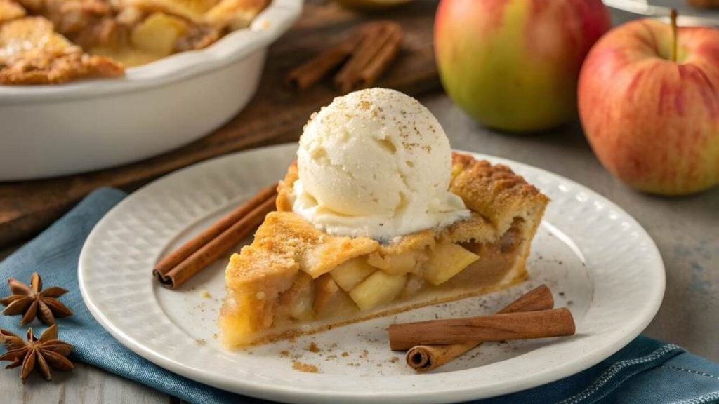 Plátok jablkového koláča s vanilkovou zmrzlinou a škoricou na tanieri