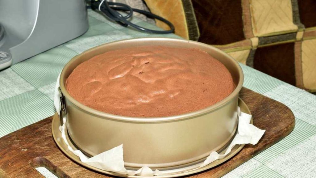 Nadýchaný piškótový korpus upečený vo forme pred vybratím z rúry