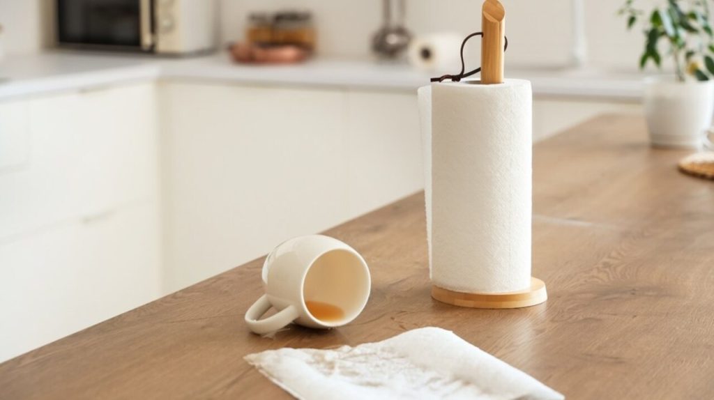 Rozliata káva na drevenom stole vedľa rolky papierových utierok v kuchyni