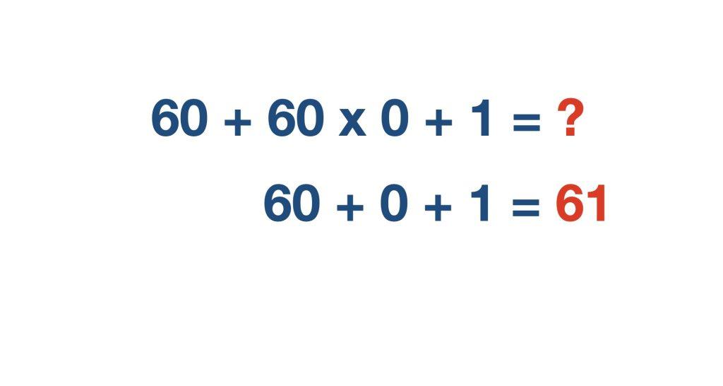 Matematická úloha: 60 + 60 × 0 + 1 = ? s výsledkom 61, zobrazená v modrom texte s vyznačeným správnym riešením v červenej farbe.