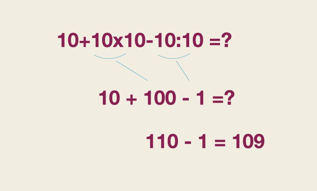 Postup riešenia matematickej rovnice 10+10×10–10:10 krok za krokom s výsledkom 109