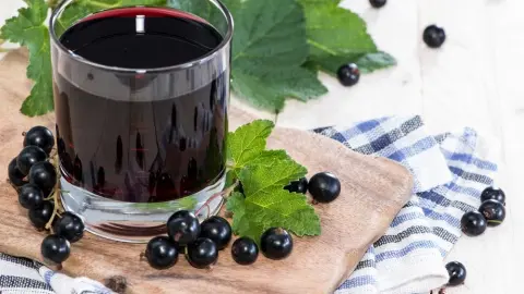 Pohár čiernej ríbezľovej šťavy na drevenom lopári, obklopený čerstvými bobuľami a zelenými listami.