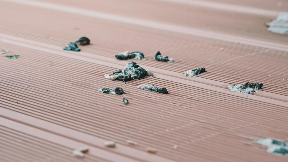 Vtáčí trus na podlahe balkóna pred čistením