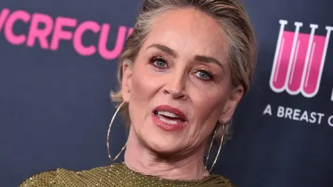 Sharon Stone počas spoločenskej udalosti, herečka v zelených šatách s výraznými náušnicami.