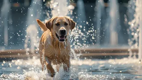 Labrador sa osviežuje behom vo fontáne počas horúceho letného dňa.
