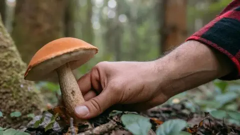 Ruka hubára jemne drží hríb s oranžovým klobúkom v lese počas zberu húb.