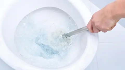 Čistenie toalety kefou – svieža voda v bielej miske.