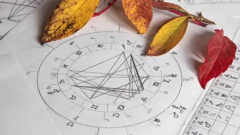 Astrologický kruh so znameniami zverokruhu a jesennými listami na papieri