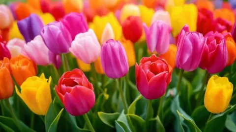 Farebné tulipány rozkvitnuté na jar v záhrade