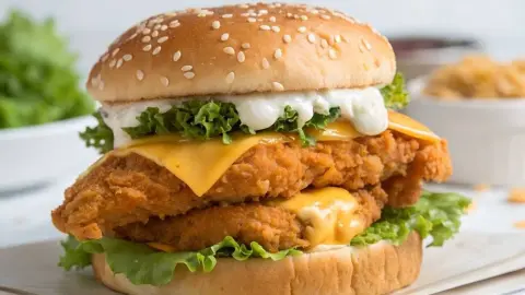 Domáci McChicken burger s chrumkavým kuracím mäsom, syrom, šalátom a dresingom v sezamovej žemli