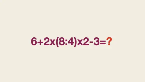 Matematická rovnica 6 + 2 × (8 ÷ 4) × 2 − 3 s otáznikom na konci