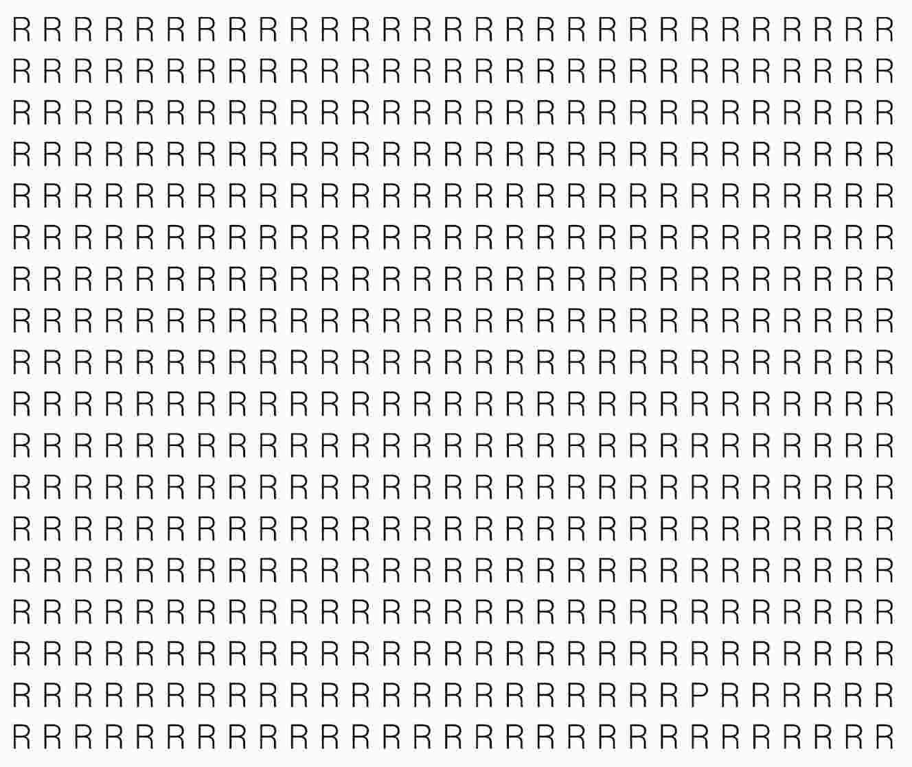 Obrázok s písmenami R, medzi ktorými sa skrýva jedno písmeno P – test vnímavosti