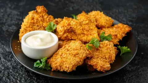 Chrumkavé domáce kuracie nugetky podávané na čiernom tanieri s miskou krémového tzatziki dipu a čerstvou petržlenovou vňaťou.
