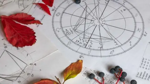 Astrologický kruh so znameniami zverokruhu obklopený jesennými listami a plodmi