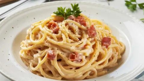 Pravá talianska carbonara s guanciale a pecorinom, servírovaná na tanieri.