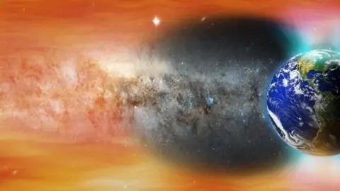 Vizualizácia Zeme a magnetického poľa zasiahnutého slnečným vetrom, symbolizujúca posun pólov planéty.