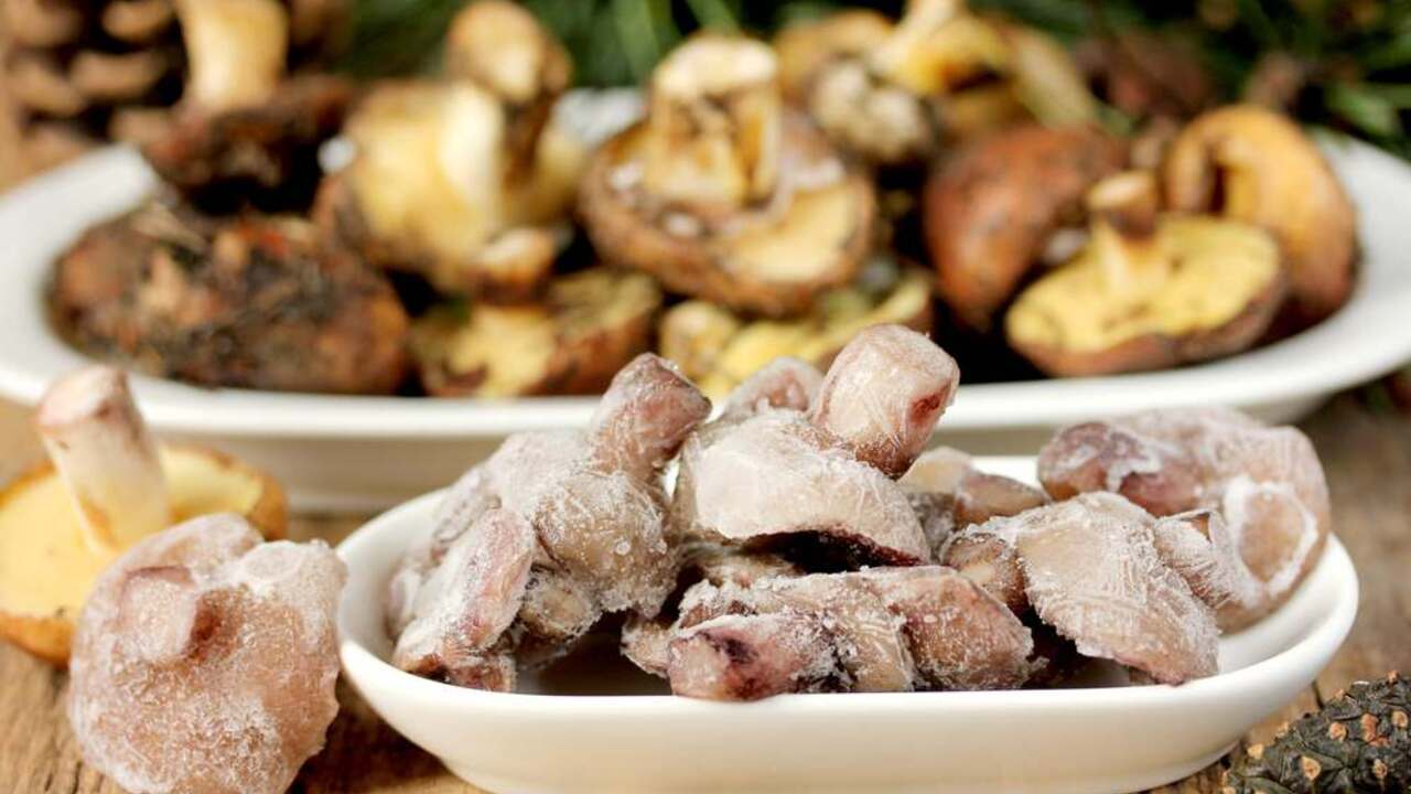 Zamrazené lesné huby pripravené na uskladnenie počas zimy