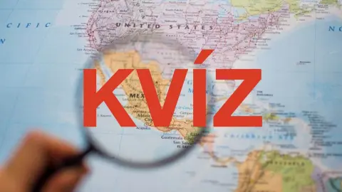 Mapa sveta pod lupou so zvýrazneným nápisom „Kvíz“.