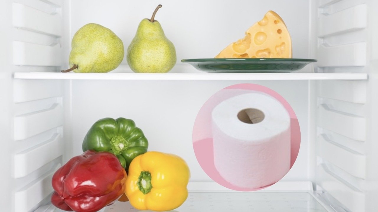 Rolka toaletného papiera uložená na polici v chladničke