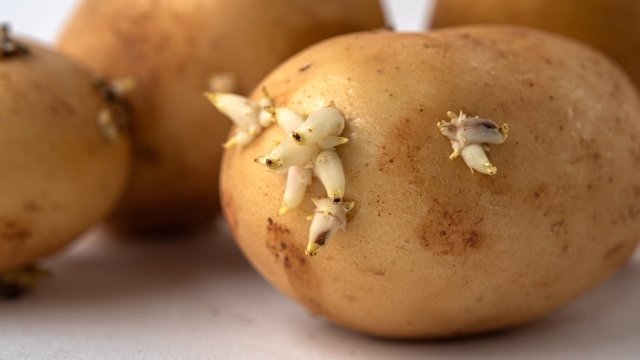 Detail zemiaka s malými klíčkami na jeho povrchu.