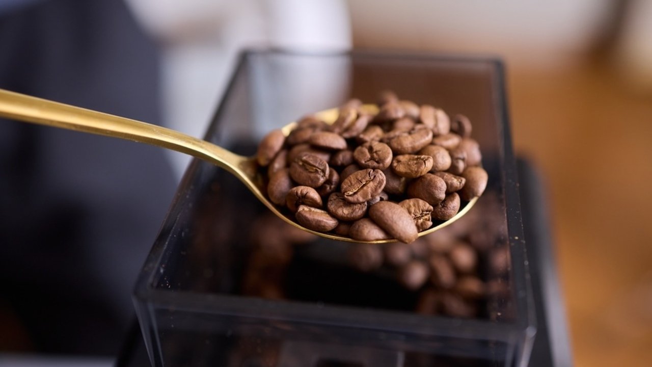 Toto je detail kávových zŕn uložených v lyžici, ktoré sú pripravené na čoskoro uvarenie.