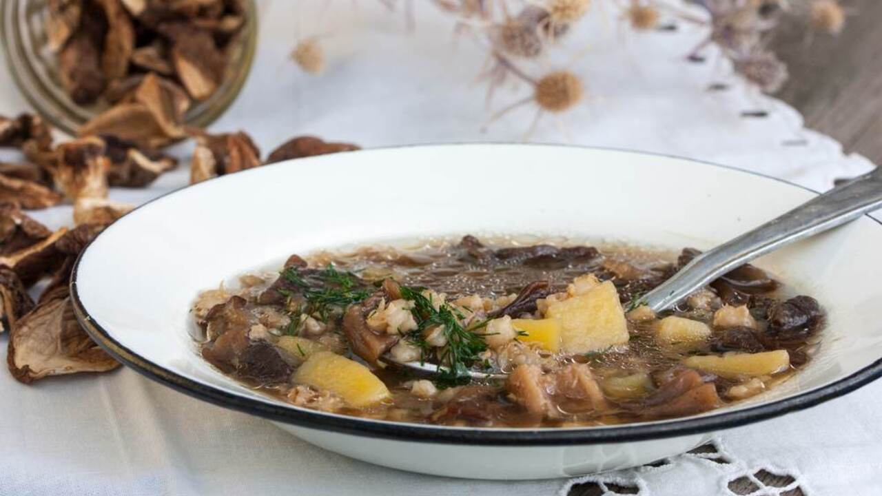 Hubová polievka zo sušených húb v bielom tanieri, podávaná s kúskami zemiakov a kôprom.