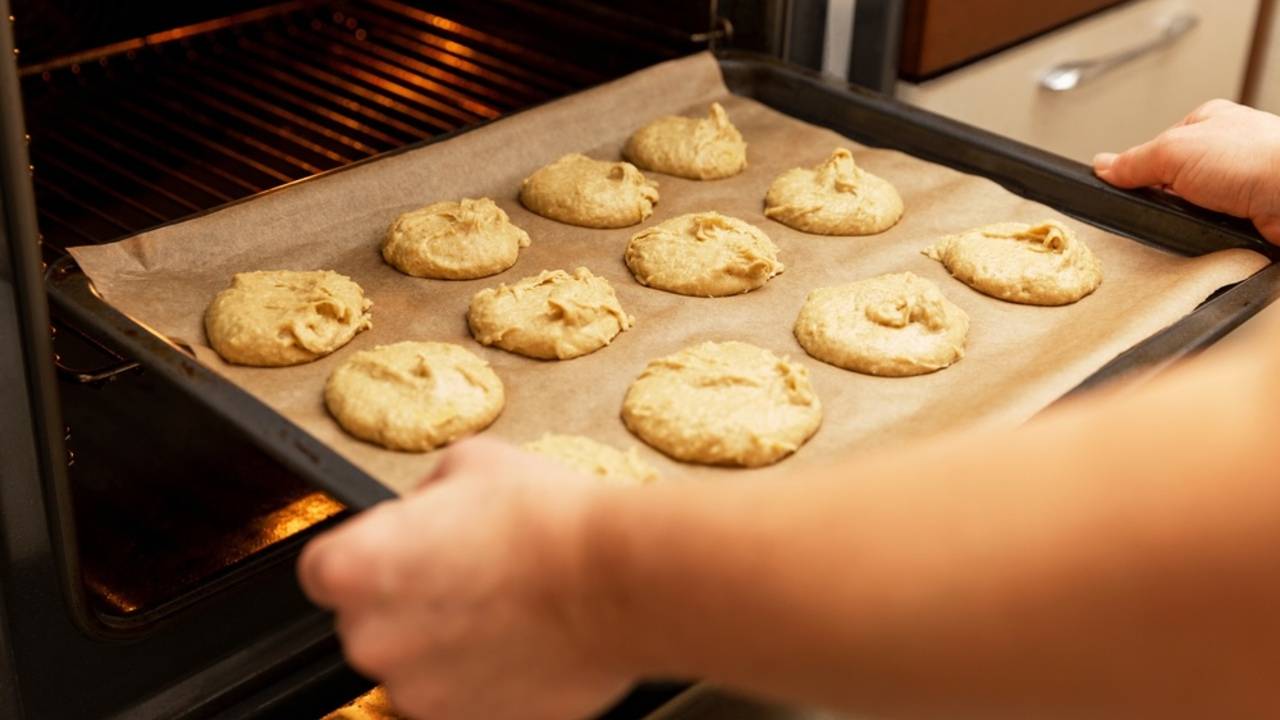 Plech s vianočnými sušienkami položenými na papieri na pečenie.
