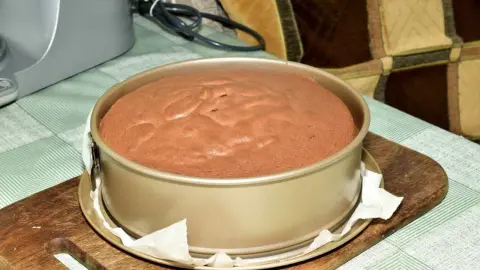 Nadýchaný piškótový korpus upečený vo forme pred vybratím z rúry