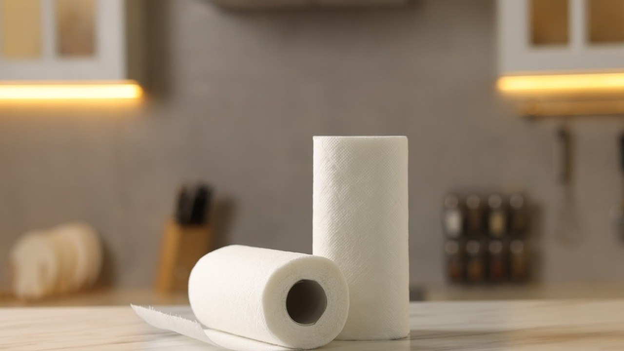 Rolky papierových utierok položené na kuchynskej linke v modernom interiéri