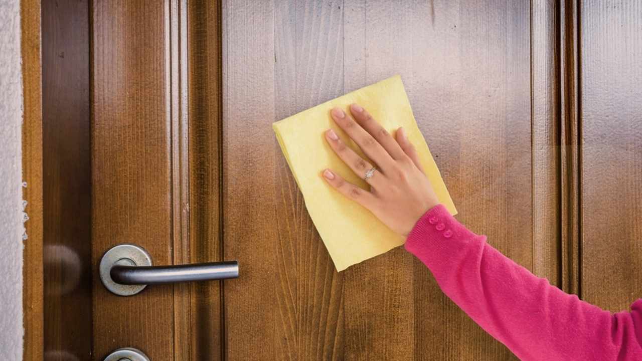Žena čistí drevené vstupné dvere jemnou handričkou