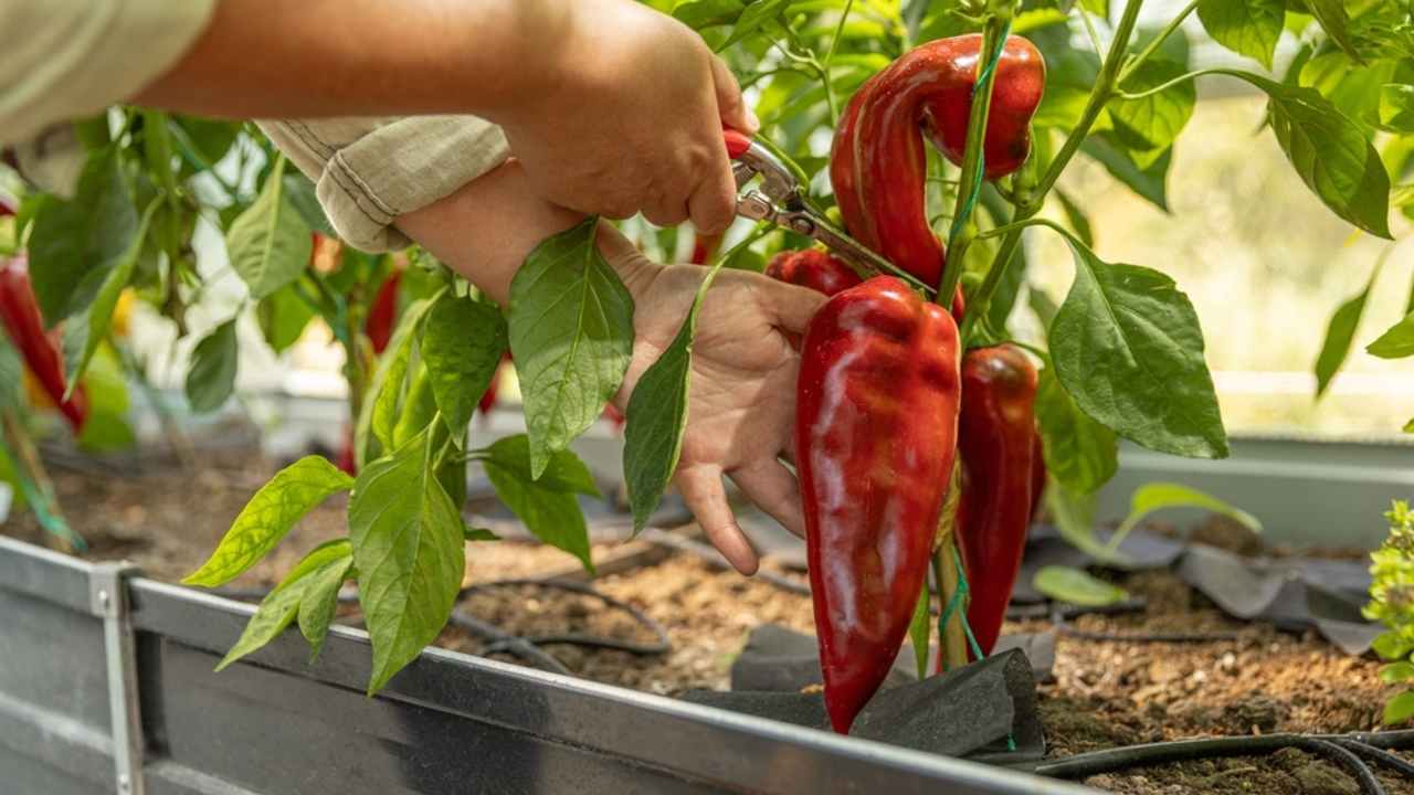 Zrelé červené papriky rastúce v domácej zeleninovej záhrade.