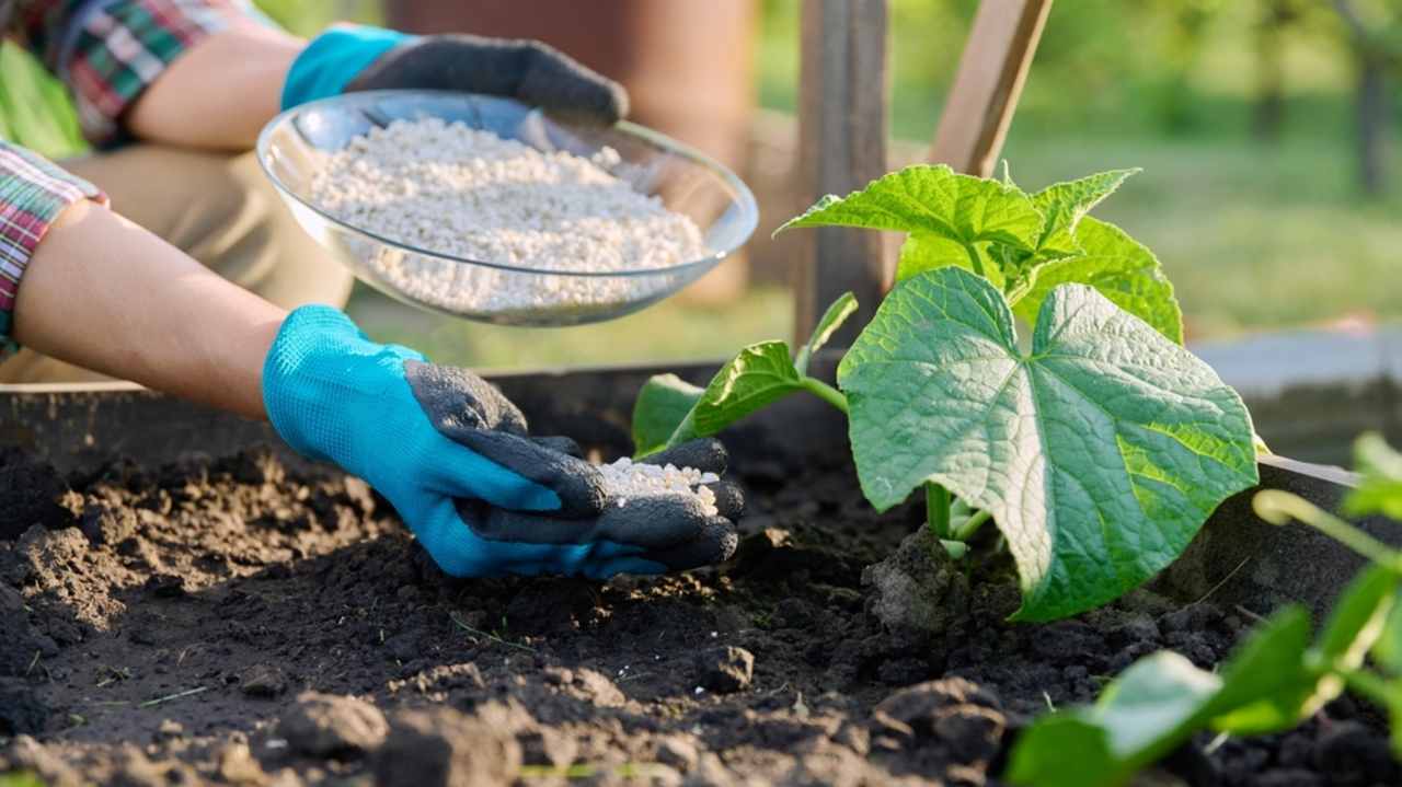Záber zblízka na minerálne hnojivá v rukách, hnojenie rastliny uhorky