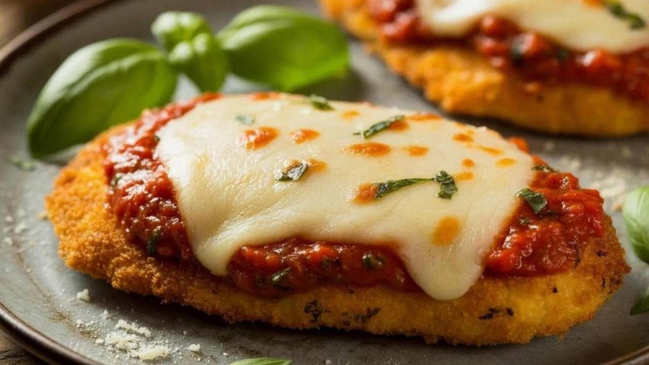 Kuracie parmigiana: Obalený kurací rezeň poliaty marinárskou omáčkou a posypaný roztaveným syrom, ktorý sa zvyčajne podáva s hranolkami alebo šalátom.