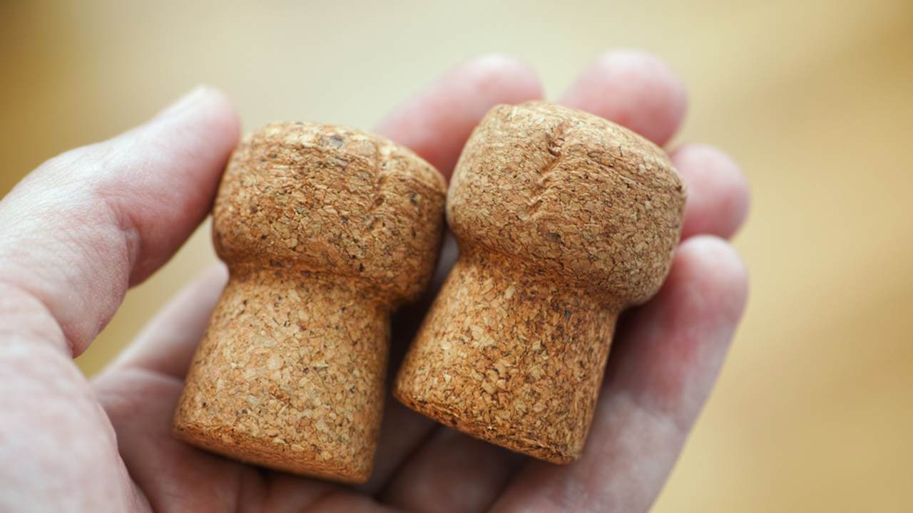 Dve vínové zátky v ruke. Zblízka.