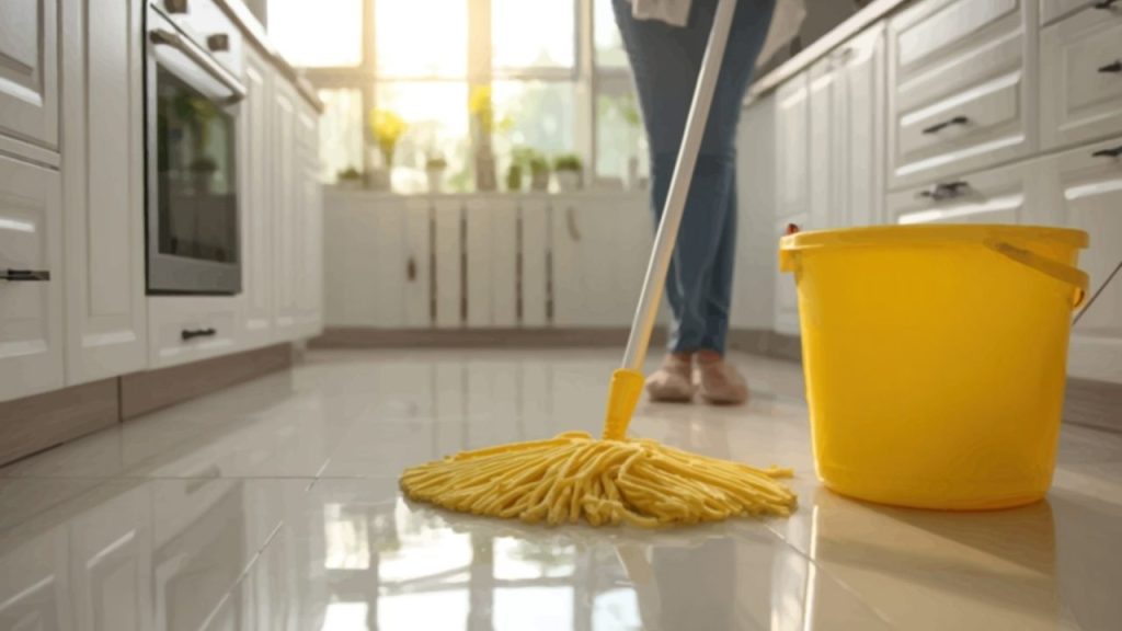 Žena umýva podlahu v modernej kuchyni pomocou mopu a vedra. Podlaha je veľmi lesklá a odráža slnečné lúče, ktoré sem prenikajú.