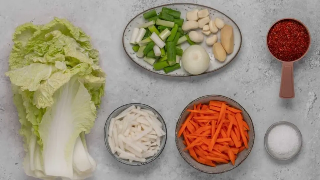 Prísady na kimchi na rovnej ploche: čínska kapusta, reďkev daikon, mrkva a chilli vločky